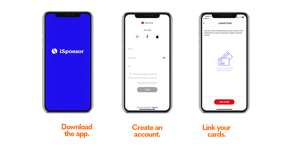three mockups of the iSponsor app to demonstrate how you shop to give back.